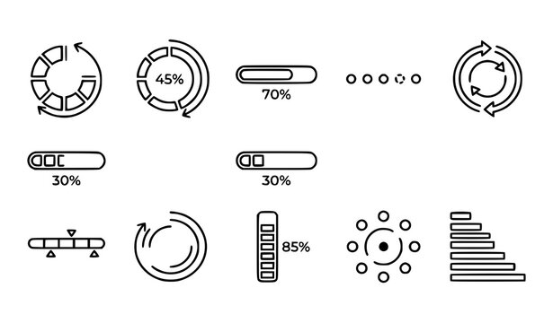 Loading icon set with progress bar spinner and buffering indicators editable stroke linear vector collection