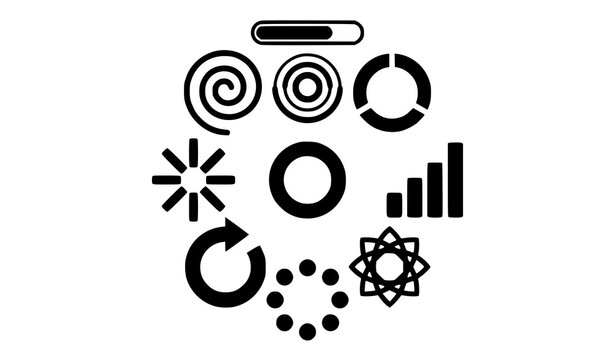 Modern loading icon collection with progress bar spinner and abstract buffering symbols flat vector design