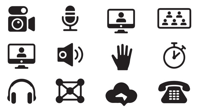 Set of communication icons including video cameras microphones and computer screen symbols.