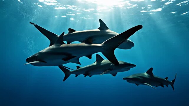 This shows a group of sharks swimming underwater in the ocean with sunlight shining through the water. The sharks are moving gracefully through the water, their fins and tails propelling them forward.