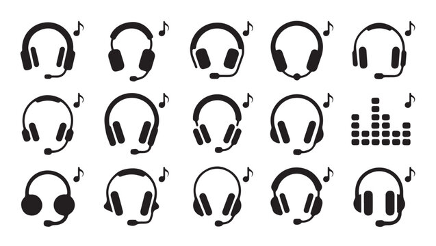 Large collection of black vector headset icons with musical notes and audio equalizers set.