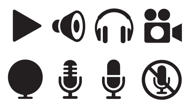 Audio and video icons for media playback recording and broadcasting.