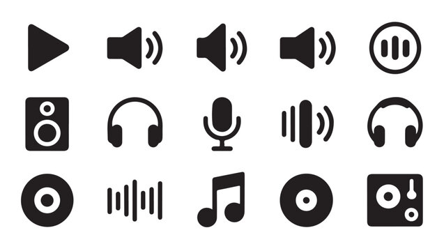Music and audio icons featuring speaker headphones microphone and sound waves.