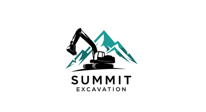 Summit Excavation Logo Featuring Heavy Machinery and Mountains.