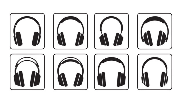 Eight square icons displaying different black outlined headphones and headsets on white background.