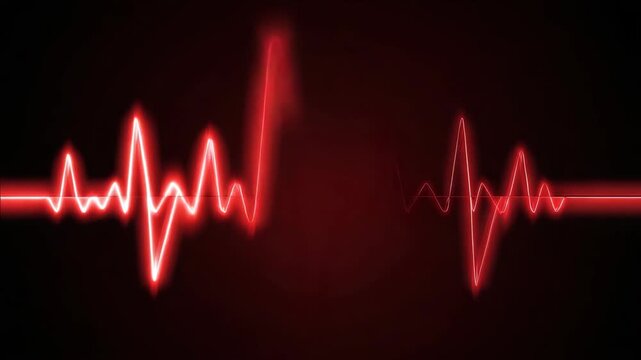 High-resolution of an electrocardiogram signal, showcasing a heartbeat pattern with spikes and valleys, rendered in vibrant red against a stark black backdrop.