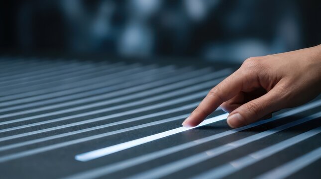 Human hand touching glowing light strip on dark parallel technology surface with blue tone copy space for digital selection background