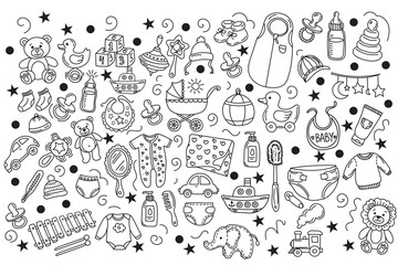 Fototapeta premium A Whimsical Exploration of Baby Essentials: A Delightful Collection of Toys, Clothing, and Accessories Celebrating Childhood and Joyful Moments