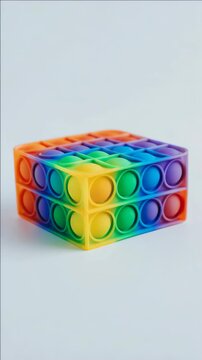 A colorful Rubik's cube toy with rainbow shades sitting on a white background.