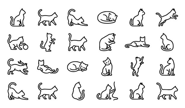 Cat outline icon set with playful feline poses sitting jumping sleeping editable stroke vector collection