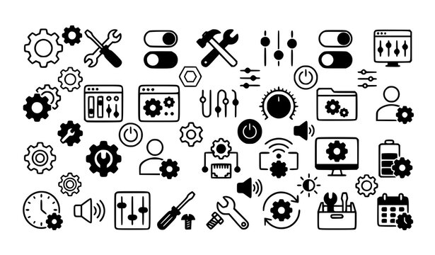 Settings and setup mixed style icon set with gear tools configuration and UI control symbols editable stroke vector