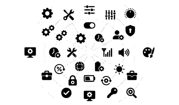 Modern flat settings icon collection with configuration tools gear preferences and UI adjustment symbols vector design