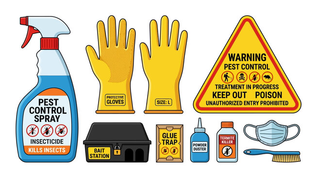 A collection of essential professional pest control tools including spray bottles, protective gloves, warning signs, and various insect bait traps.