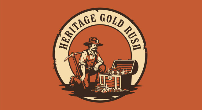 Vintage Gold Miner Discovering Treasure Chest.