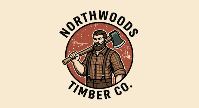 Vintage Lumberjack Logo with Bearded Man Holding Axe for Northwoods Timber Co.