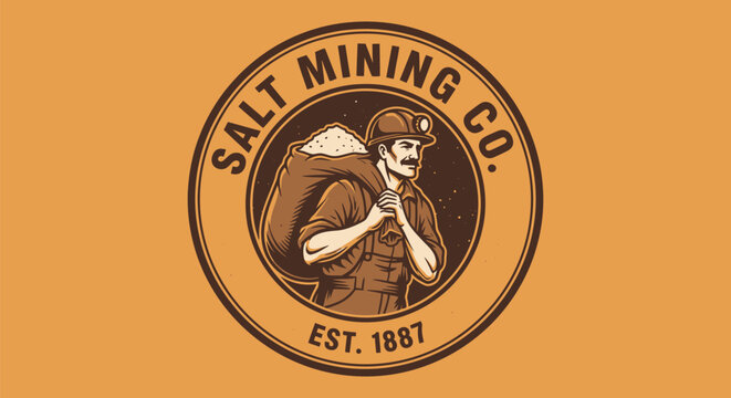 Vintage Salt Mining Company Logo with Miner Carrying Sack.