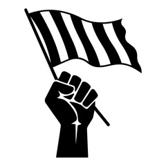 Obraz premium Fist holding black and white striped protest flag isolated on transparent background, Vector