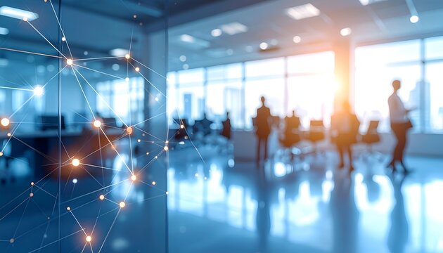 Blurred office scene with glowing network lines, illustrating data flow, analytics, and collaboration.