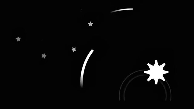 Minimalist abstract 2d motion graphics animation of white geometric shapes and stars rotating and moving on a solid black background for creative art projects and simple background elements
