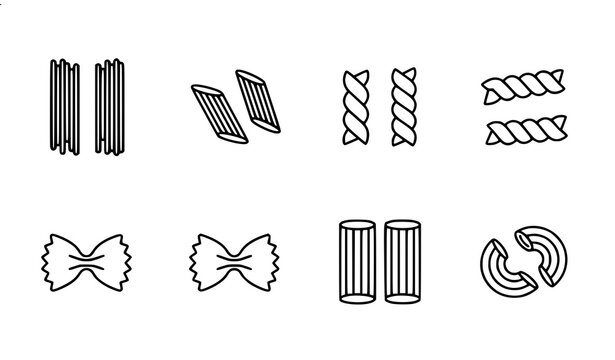 Pasta noodles linear icons set with Italian macaroni shapes thin line food outline vector collection
