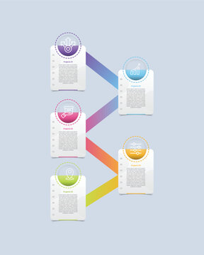 zigzag vertical timeline infographic with glossy gradient style with paper note container with thick line connector and circle dotted badge with five segment information