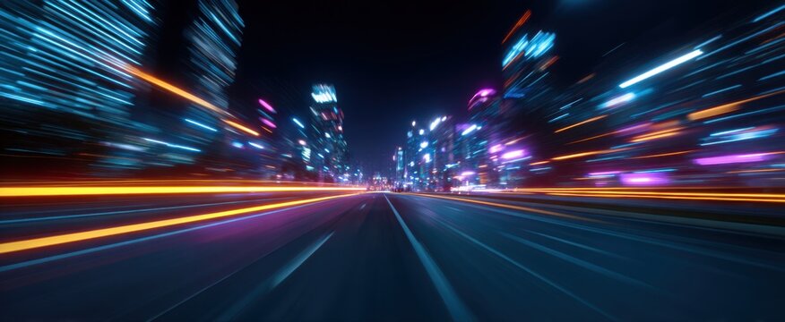 Night city hyperlapse showcasing colorful light trails and dynamic hues