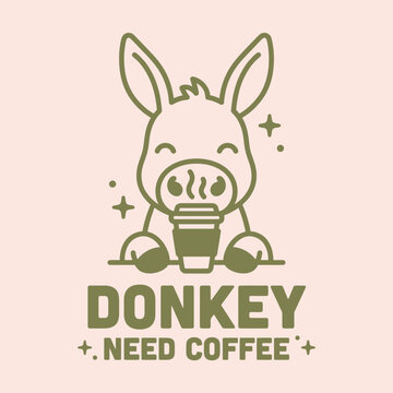Donkey Drinking Coffee Cartoon Character.