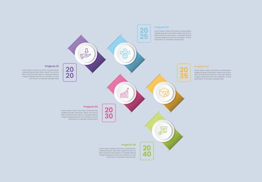 zigzag vertical timeline infographic with glossy gradient style with rectangle skew tilt box with circle badge with five segment information