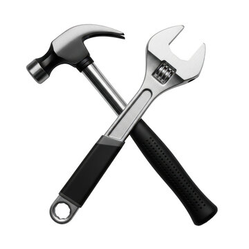 A hammer and wrench crossed together in a black and silver design.