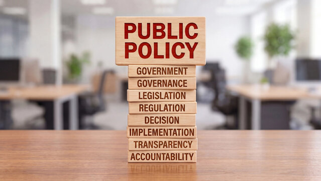 Public policy concept displayed on stacked wooden blocks listing government governance legislation regulation decision implementation transparency and accountability as foundational pillars