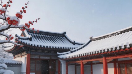 Fototapeta premium Snowy Chinese Courtyard with Red Plum Blossoms