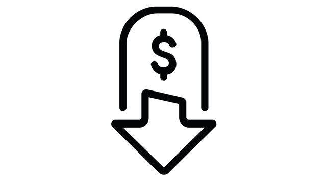 Minimalist vector icon illustration of a price drop featuring a downward-pointing arrow combined with a dollar sign tag, representing financial decrease, discount, sale, or economic deflation.
