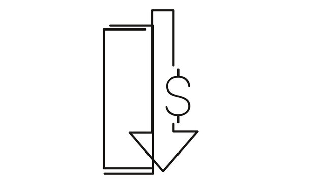 Minimalist Vector Icon Illustration of a Downward Arrow with a Dollar Sign Symbolizing Price Drop, Financial Decrease, Economic Recession, Discount, or Cost Reduction in Clean Line Art Style.