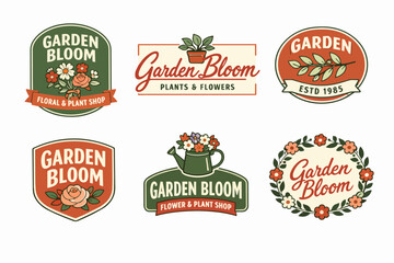 Obraz premium Vintage garden bloom logo collection with floral elements, leaves, and potted plants for florists and nurseries