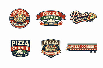 Naklejka premium Set of diverse vector badges and emblems for italian food businesses, featuring pizzas, chef hats, and rollers
