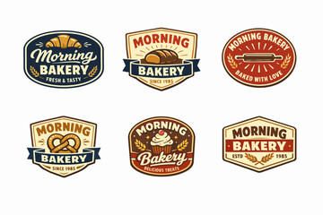 Obraz premium Morning bakery logo set featuring emblems with freshly baked bread, croissant, cupcake, and pretzel designs