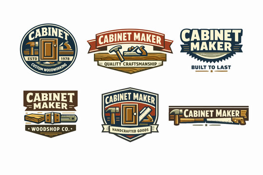 Cabinet maker logos with woodworking tools and doors embodying craftsmanship and repair services