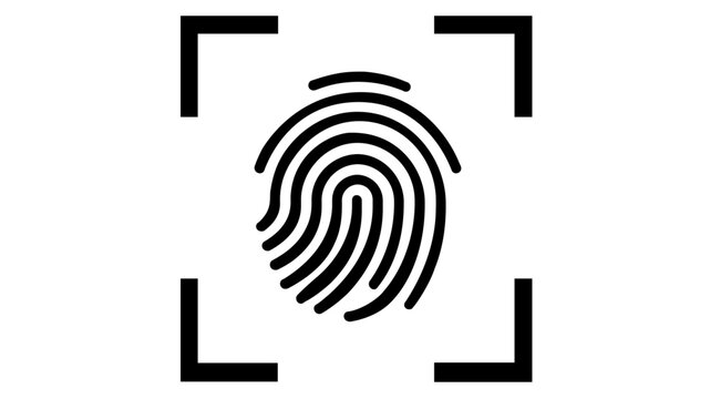 Biometric fingerprint scanner vector icon for security and authentication. Minimalist black line art illustration of a thumbprint scan within a frame for digital access and identity verification.