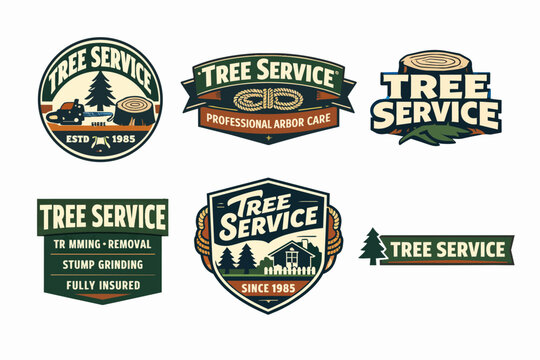 Collection of tree service and arborist business logos with chainsaws, tree stumps, rope, and house designs