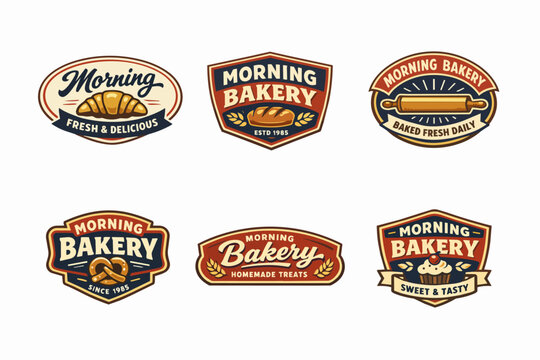 Vintage bakery badges set with bread, croissant, pretzel, cupcake, and rolling pin for fresh baked goods