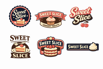 Naklejka premium Sweet slice bakery and dessert logos collection featuring retro emblems with cakes, cupcakes, and pastries