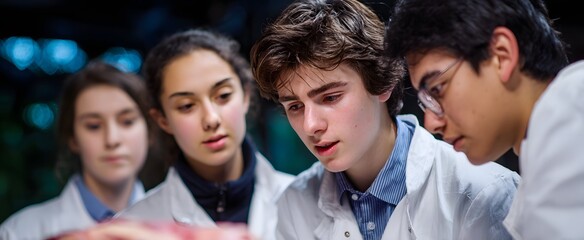 Fototapeta premium The focused group of students carefully examining a detailed biology specimen during dissection.