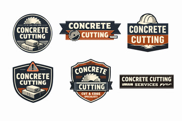 Fototapeta premium Concrete cutting services emblems featuring saw blades, safety hard hats, concrete blocks, and warning signs designs