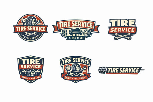 Tire service auto repair logos collection featuring vintage style badges for vehicle maintenance and garage workshop branding