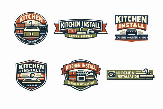 Kitchen installation service logos set with cabinets, sinks, countertops, and appliances for renovation and home improvement