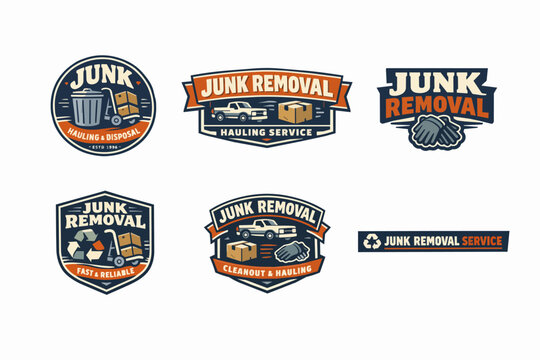 Junk removal service logos set presenting hauling, disposal, recycling, and cleanout concepts with various emblems