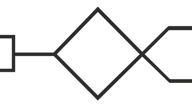 Business logic flowchart diagram vector illustration with a decision diamond and process nodes, clean minimalist black line art style for workflow planning, system design, and data mapping.