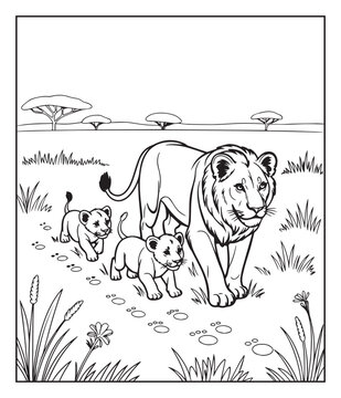 Jungle animal lion walking with its baby coloring page for kids, black line art vector illustration children educational activity book