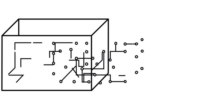 Minimalist vector icon illustration of a data lake box filled with circuit board patterns, representing AI analytics, big data storage, digital processing, and modern technology infrastructure.