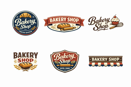 Bakery shop logo collection with vintage branding elements for pastry stores, bread products, and sweet desserts